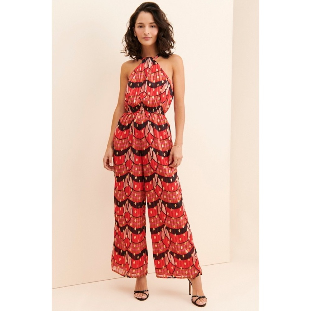 The Odells Addison Jumpsuit Art Deco‎ Print Halter Wide Leg Cherry Red